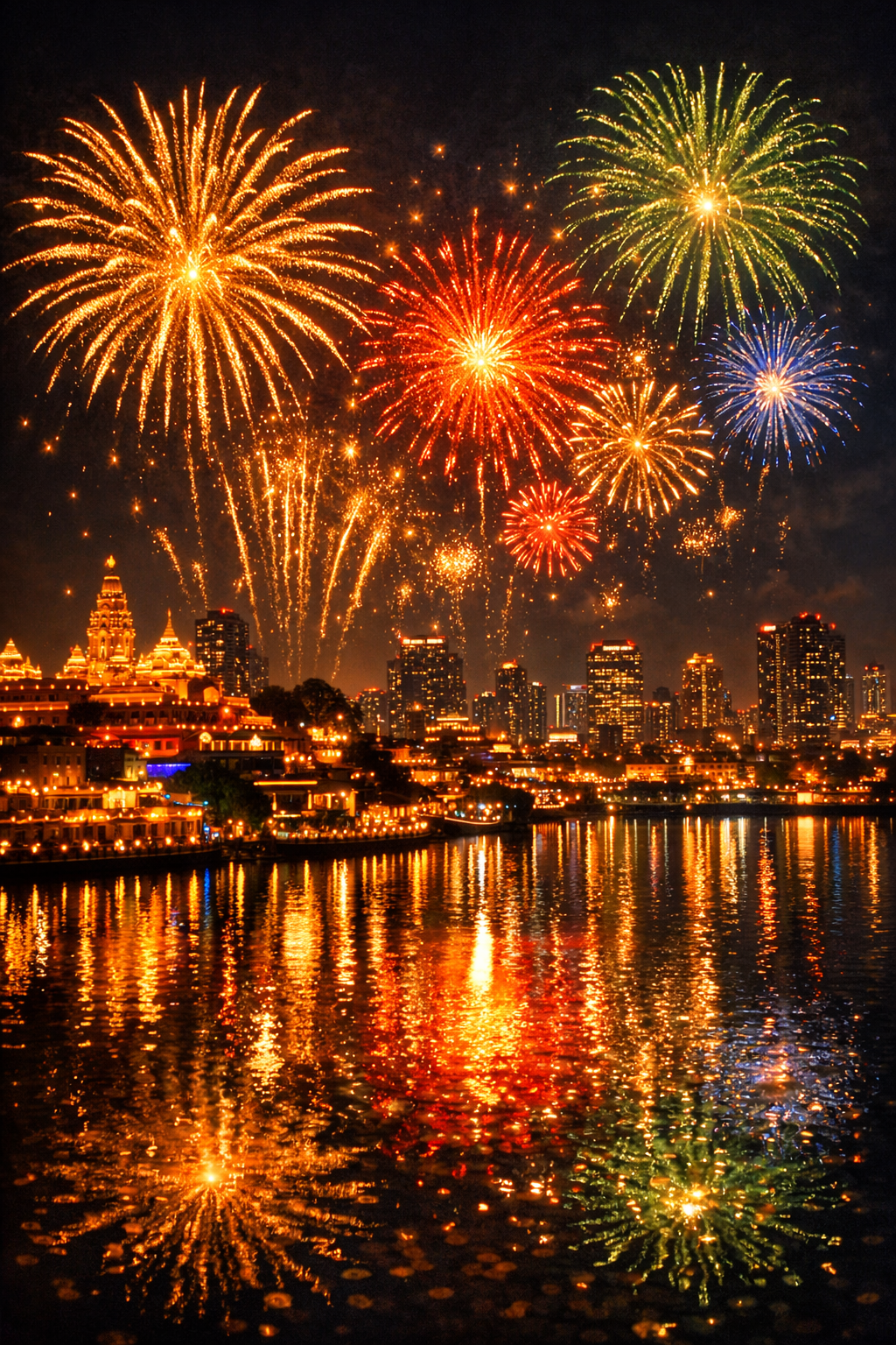 Diwali wallpaper fireworks night sky city buildings fairy lights water reflections